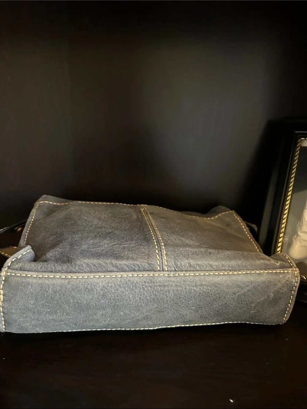 Coldwater Creek Navy Suede Messenger Bag with Contrast Stitching